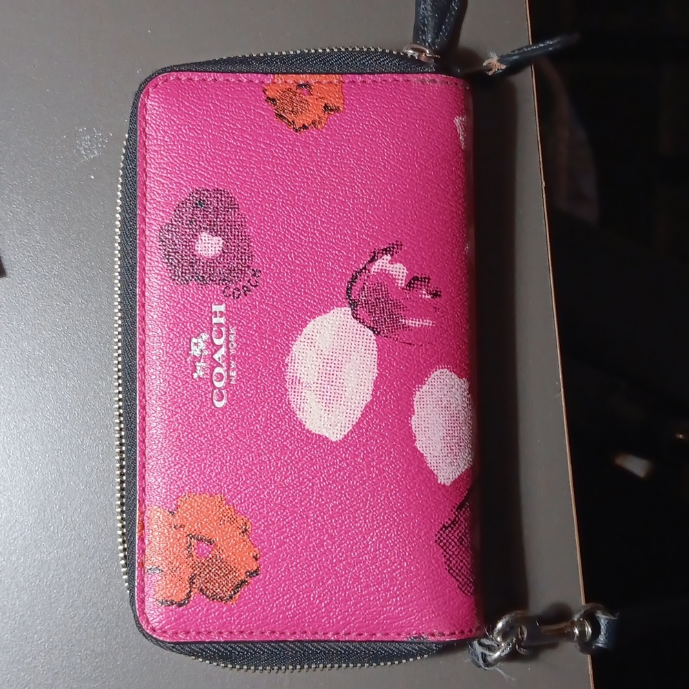 Coach Double Zip Phone Wallet Wristlet Pink Floral Detachable Handle